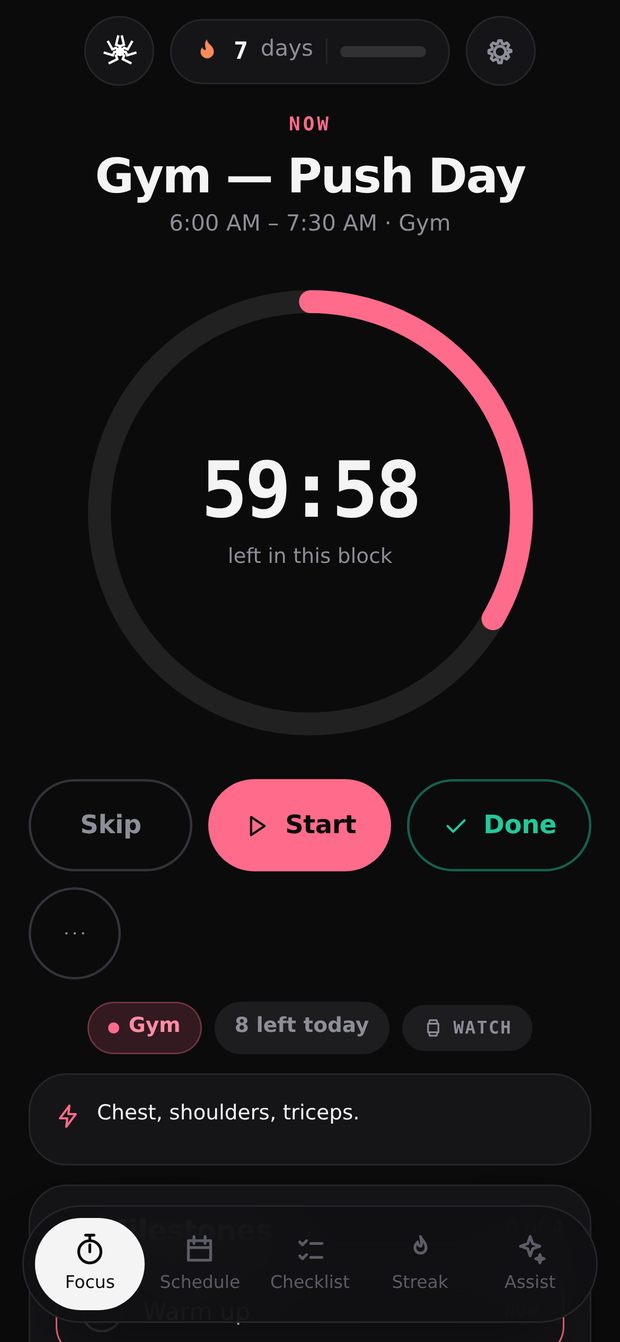 FixedTime focus screen showing a circular countdown for the current block