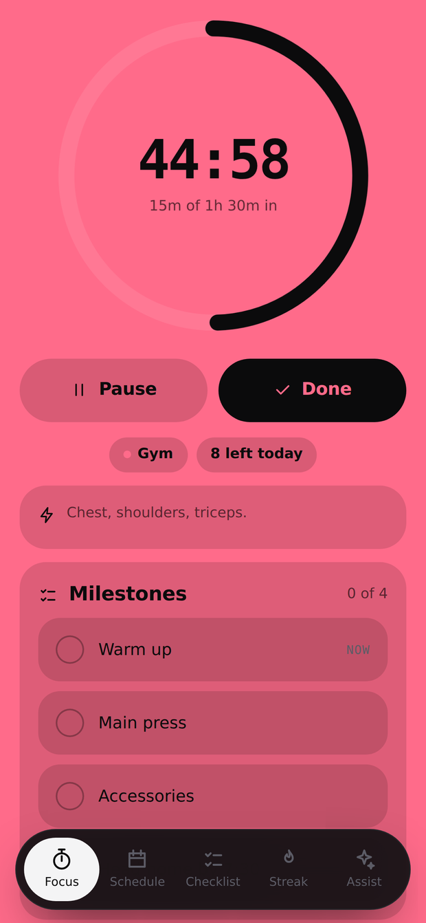 FixedTime during an active focus session, screen filled with the category colour